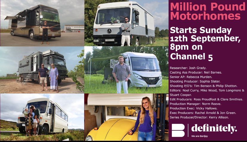 Million Pound Motorhomes, series 2 is here! 

Check out our first ep of FOUR tonight at 8pm on <a href="/channel5_tv/">Channel 5</a>⏰ 

Well done to the MPM team and thanks to all those from the #vanlife community who got involved!✨📺 #MillionPoundMotorhomes