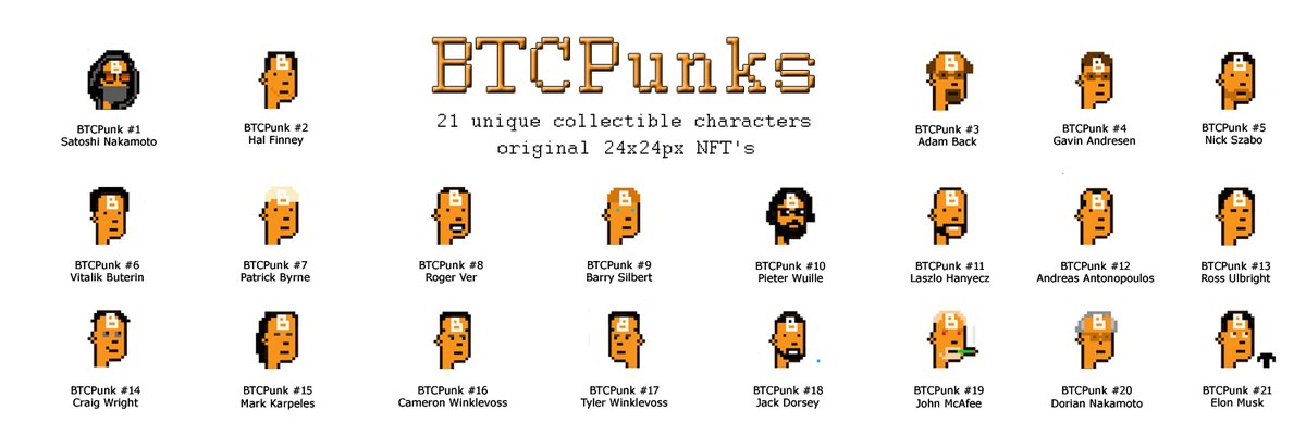 BTCPunks's tweet image. 🧡#BTCPunks - new exclusive #NFT  collection
🔥21 unique collectible Character
👀21 most influential people in #Bitcoin history
🚀Original 24x24px #NFTs
⛓️13kb each
opensea.io/collection/pun…

#OpenSeaNFT #openseaartists #Collectibles #collection #BTC #NFTcollection #NFTartist