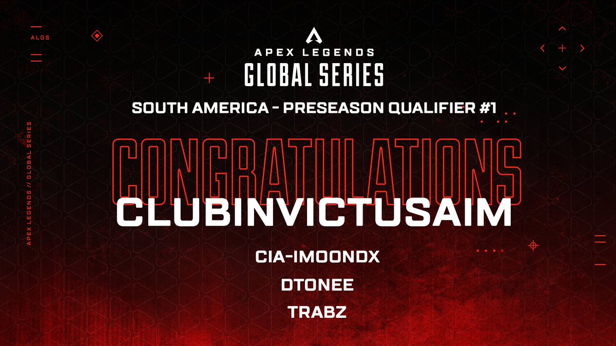 Congratulations to clubinvictusaim- the winners of the South American Preseason Qualifier #1! 

Welcome to the #ALGS Pro League! 🎉

 ⭐️<a href="/iMoonDx1/">iMoonDx</a>| <a href="/DtoneeGamer/">DToNee GaMer</a> | <a href="/1Trabz/">Trabz</a>  ⭐️
