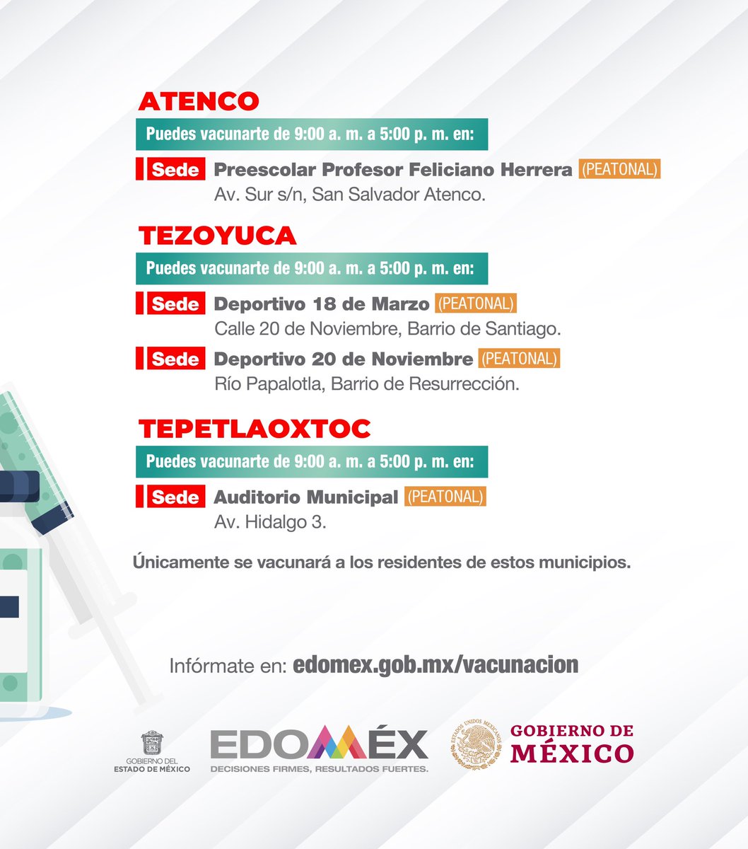 alfredodelmazo's tweet photo. El día de mañana 13 de septiembre estaremos aplicando la primera dosis a personas de 18 a 29 años y mujeres embarazadas en #Atenco, #Tezoyuca y #Tepetlaoxtoc. #EstrategiaDeVacunación https://t.co/w28fwMrD69
