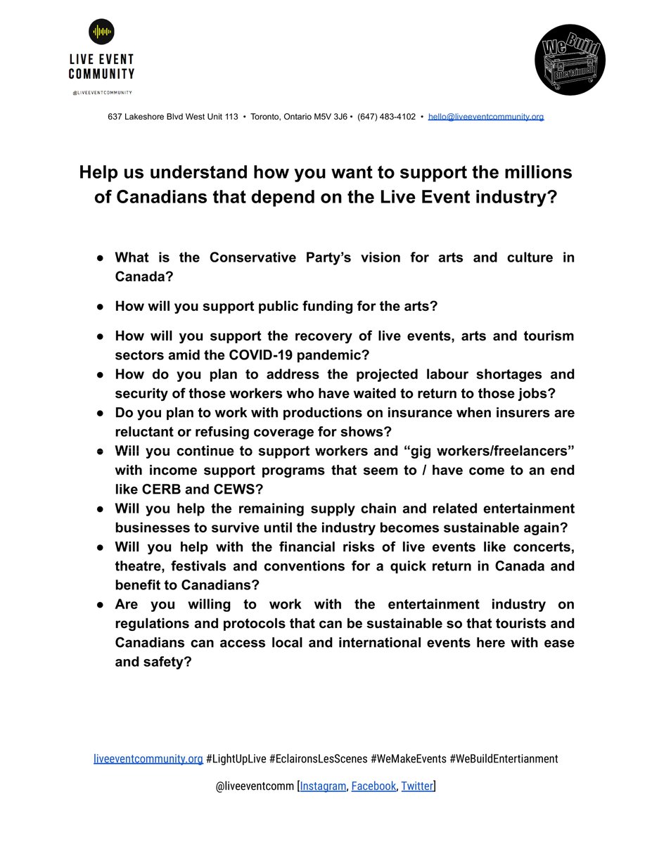 LiveEventComm's tweet photo. Commitments to the specific support of the live event industry that is needed to continue to exist until we can get back to making shows for #Canada. @erinotoole and @CPC_HQ, are you ready to #SecureTheFuture for us?
#LightUpLive #EclaironsLesScenes #WeMakeEvents https://t.co/oETSENVxOL
