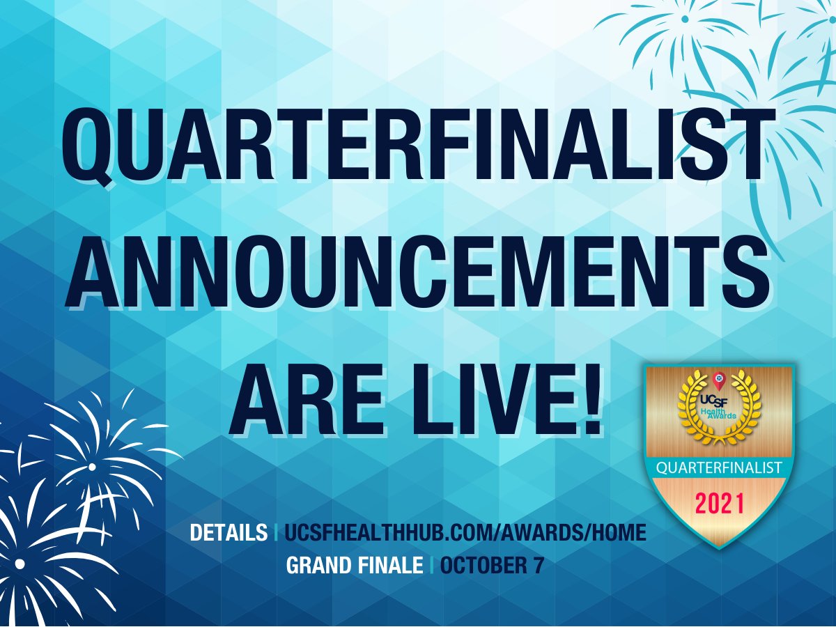 Congratulations to all quarterfinalists on reaching this milestone on the path to winning a coveted UCSF Health Award. Meet and learn about all the quarterfinalists through the full list here: ow.ly/MaME50G8yTL
#UCSFHealthAwards2021 #quarterfinals