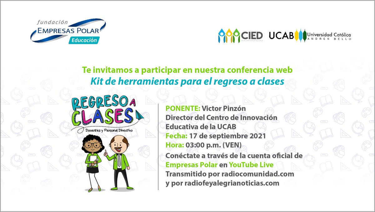 Te invitamos a participar en la conferencia: Kit de herramientas para el regreso a clases. Una iniciativa de Fundación Empresas Polar que puedes ver hoy a las 3:00 pm por nuestro canal de YouTube.
Regístrate aquí: bit.ly/3sQu9Vq