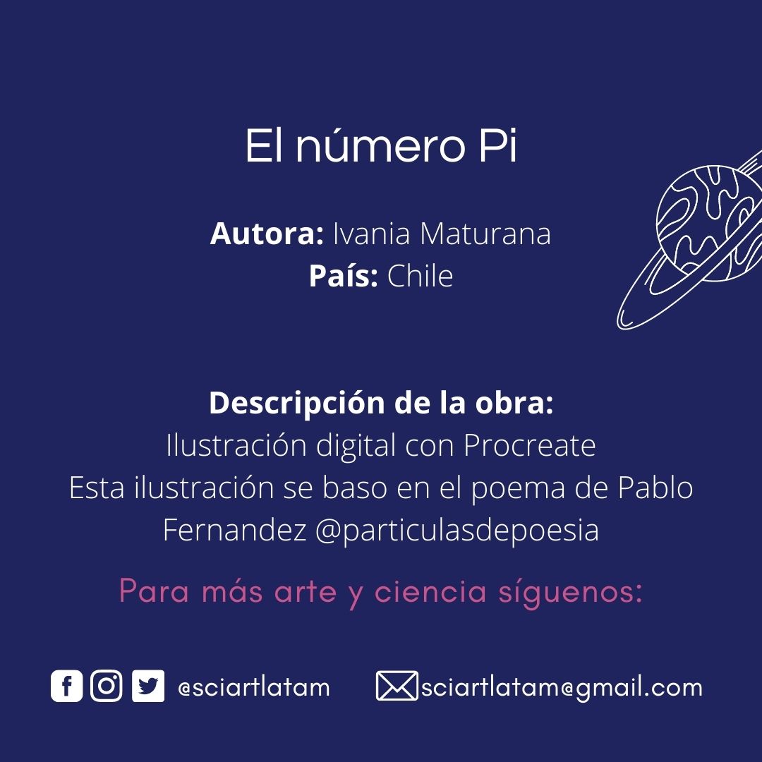 Artista: Ivania Maturana
Podemos saber el área de una circunferencia si multiplicamos el radio al cuadrado de esta por el número Pi.

Inscríbete en nuestro Astrofest en sciartlatam.com