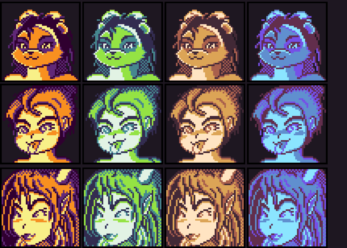GnomanRepublic's tweet photo. Just some GB/retro portrait practice. Mixed around some lospec palettes to just see how they looked!

#dotpict #pixelart #hallowpumpkin #nymphgb #gbchocolate #wishgb https://t.co/Ee2FVJVZ3R