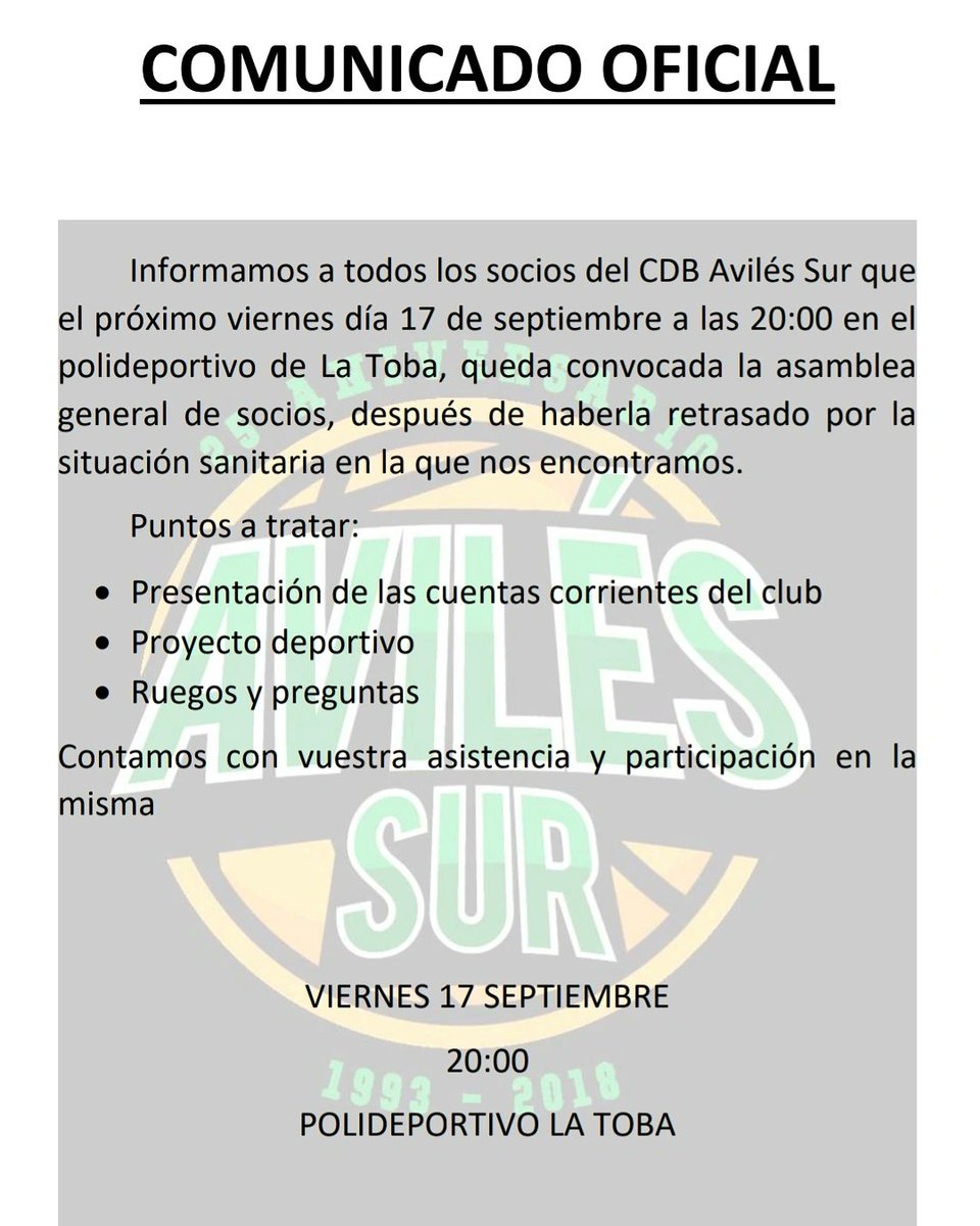 Convocada la asamblea general de socios 🏀🏀
🗓️Viernes, 17 de septiembre
🕗 20:00
📍 Polideportivo La Toba