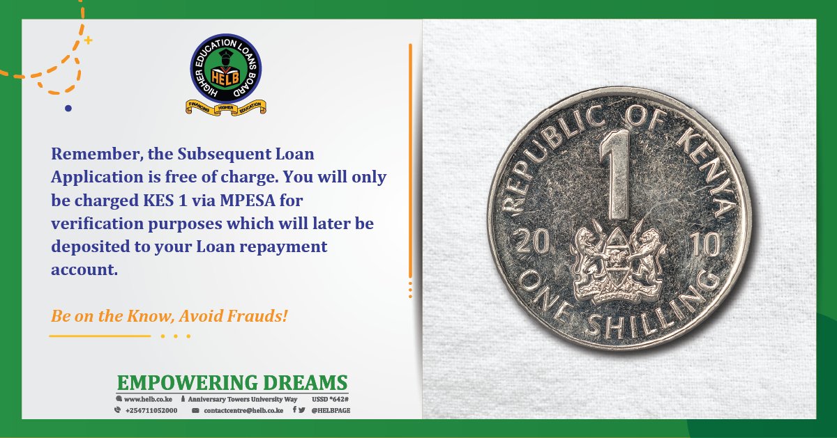HELBpage's tweet photo. HELB Loan FAQ: How much does it cost me to make the Subsequent Loan Application? The application is free. However, you will be charged KES 1 via MPESA to authenticate your phone number. The amount will be deposited to your loan repayment account.https://t.co/xqZISB9Gh8 https://t.co/PQcDlr6cNa