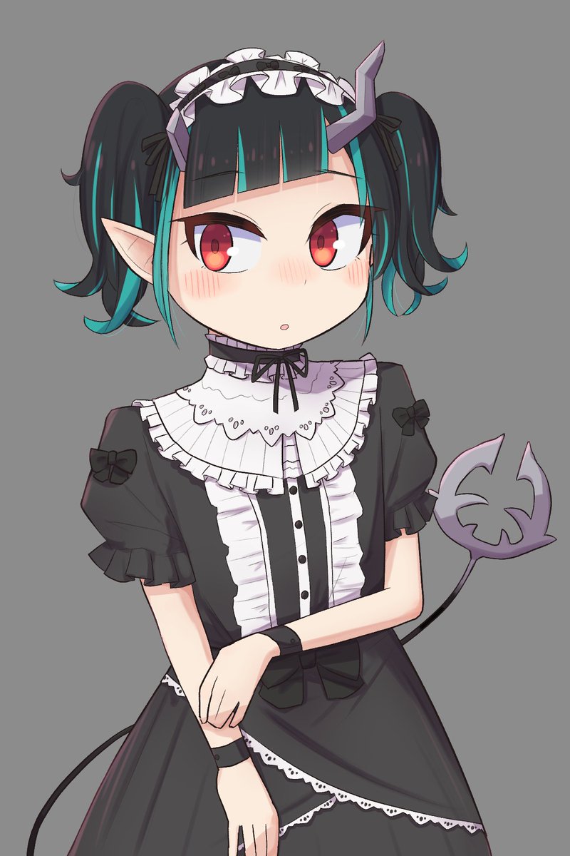 shishio chris 1girl horns black dress demon horns demon girl solo blue hair  illustration images