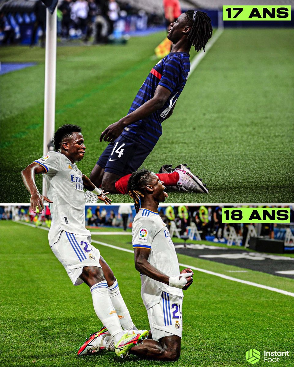 lnstantFoot's tweet image. À 17 ans, Eduardo Camavinga inscrivait son premier but en Équipe de France lors de sa première sélection.

À 18 ans, il vient d’inscrire son premier but avec le Real Madrid pour son tout premier match.

Crack ! 🤯