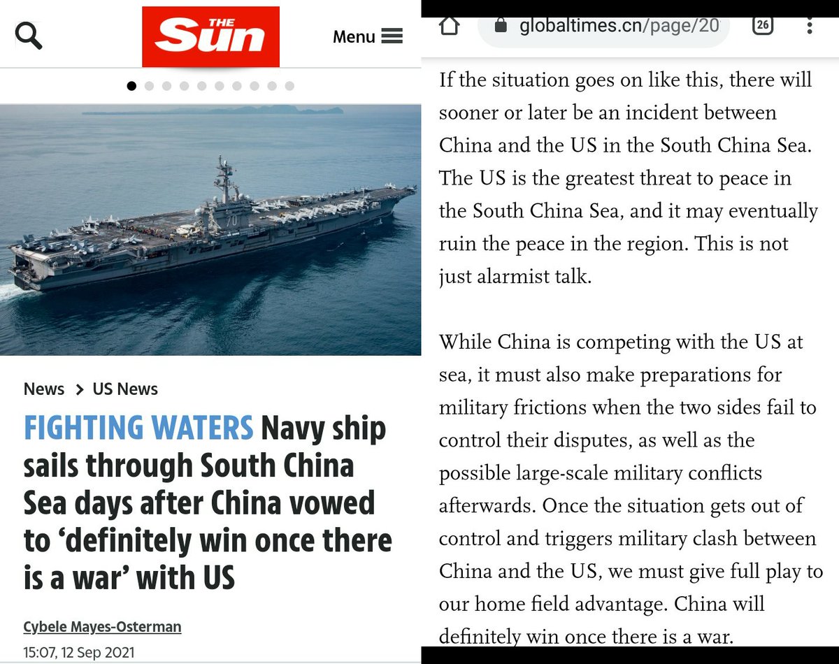 Oceanworldfree's tweet photo. US Naval ships cruised into the #SouthChinaSea.State-run media claimed "the #PRC would #DefinitelyWin once there is a war with the US," "indisputable sovereignty over the area,the US move naked provocation"
#DeclaringWar
#ChinaNewMaritimeLaw
#SpratlyIslands
#MischiefReef
#UNCLOS https://t.co/7JActZxefb