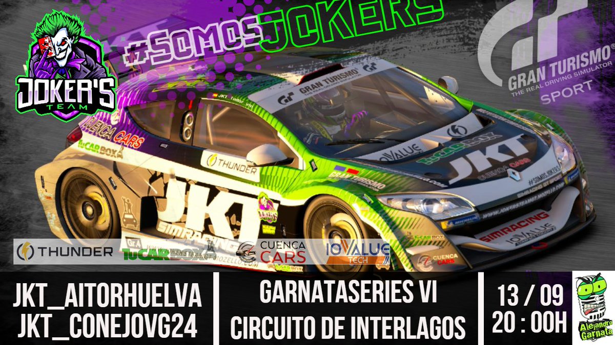 Jokers_eTeam's tweet photo. #RaceDay #GTSport 
 
(😈) Primera carrera de la nueva temporada del equipo 💪

(🇧🇷) Nos vamos al pais del samba para la primera ronda de #GarnataSeries6 ‼️

(👥) @VictorConejo24 y @aitorhuelva16 

(📺) https://t.co/HH4yoSdpUp

#Simracing #PS4 

#SomosJokers 💚💜

#Puroespectaculo https://t.co/gd3hOYjPAL