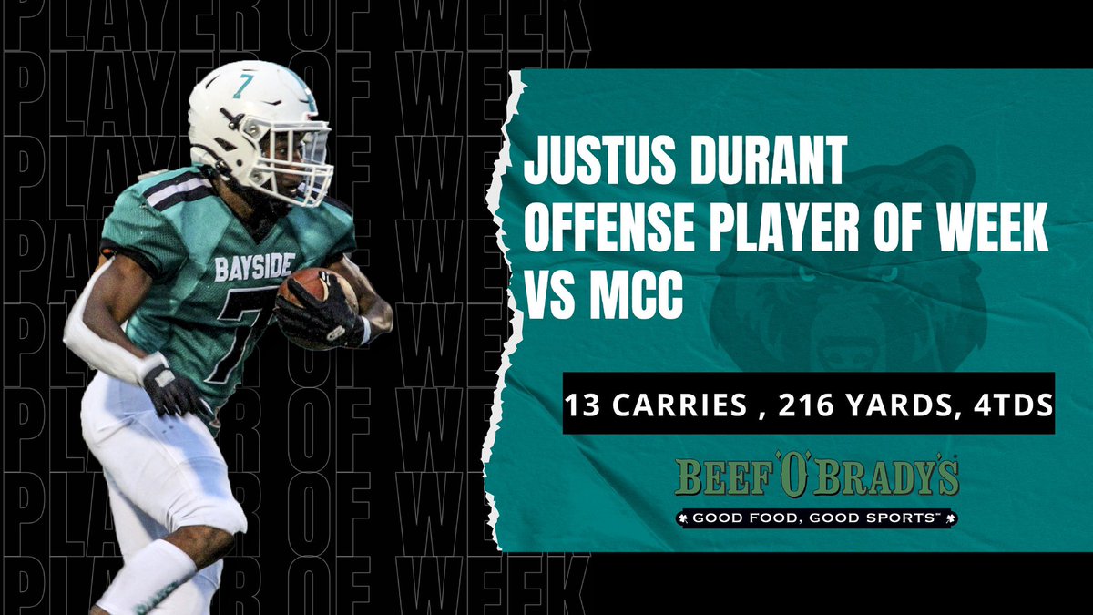 BaysideBears1's tweet photo. Our week 2 Beef O Brady’s players of the Week go to @JustusDurant for O! @PBernagene @chase_perri @WilliamGreene04 for Defense! The #BallersAtBayside! Great job men contact coach broomfield for your gift certificate! #Fight #Beardown #Bearwitness #Bayside https://t.co/a6f8NIcB2X