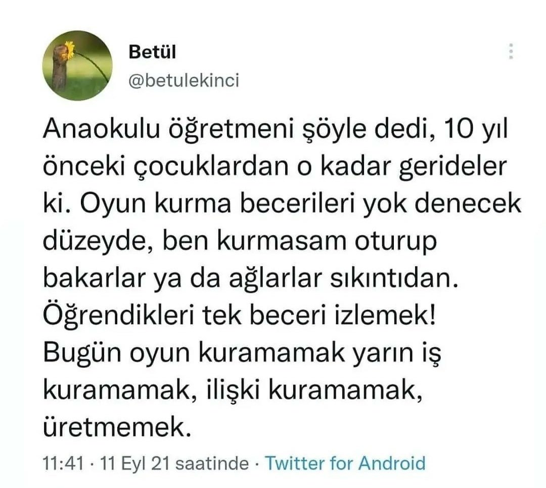 ZBetlDAltunta1's tweet photo. Bir meslektaşımın yorumu..
Bu çok acı ve geleceğimizden zaman zaman endişe duyuyorum. Endişeleri gidermek, tazecik beyinlere, masum yavrularımıza yol göstermek yine biz yetişkinlerin elinde. İnanırsak her şey olur, değişim zaman alır ama yola çıkmak önemli olan. https://t.co/DxQHxCpufA