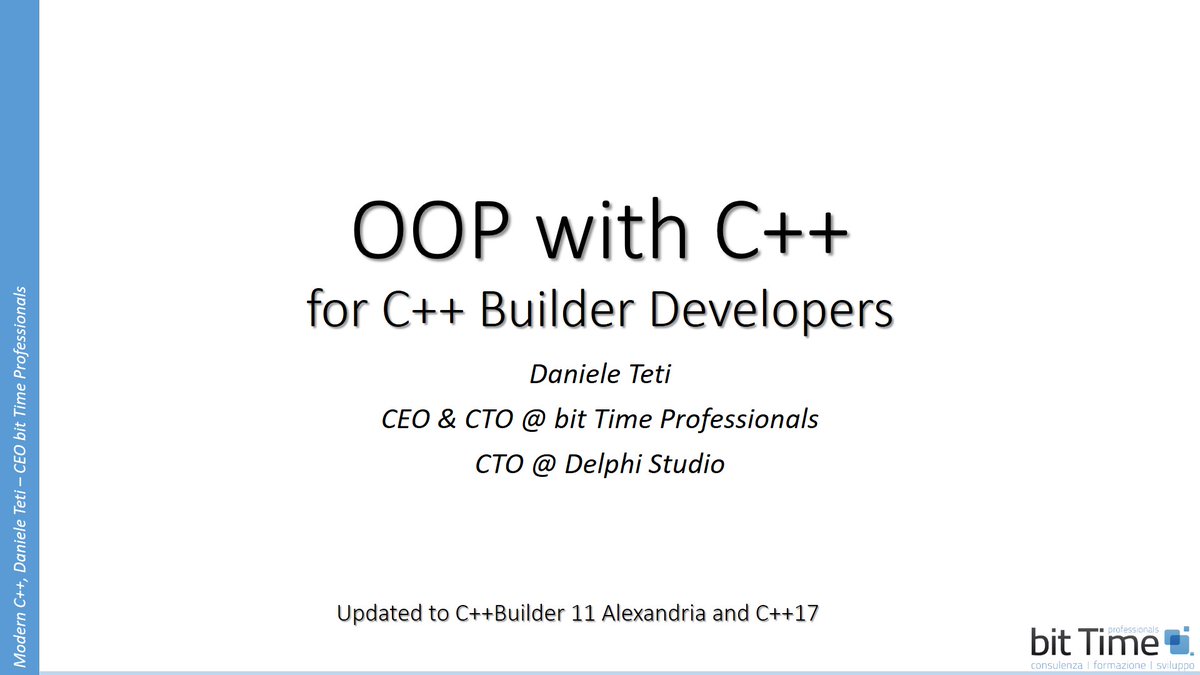 danieleteti's tweet image. Just updated all the material for the tomorrow training - this time I'll use the new shining RAD Studio 11 Alexandria to teach C++Builder and C++17
#radstudio11 #cppbuilder #clang #CPP