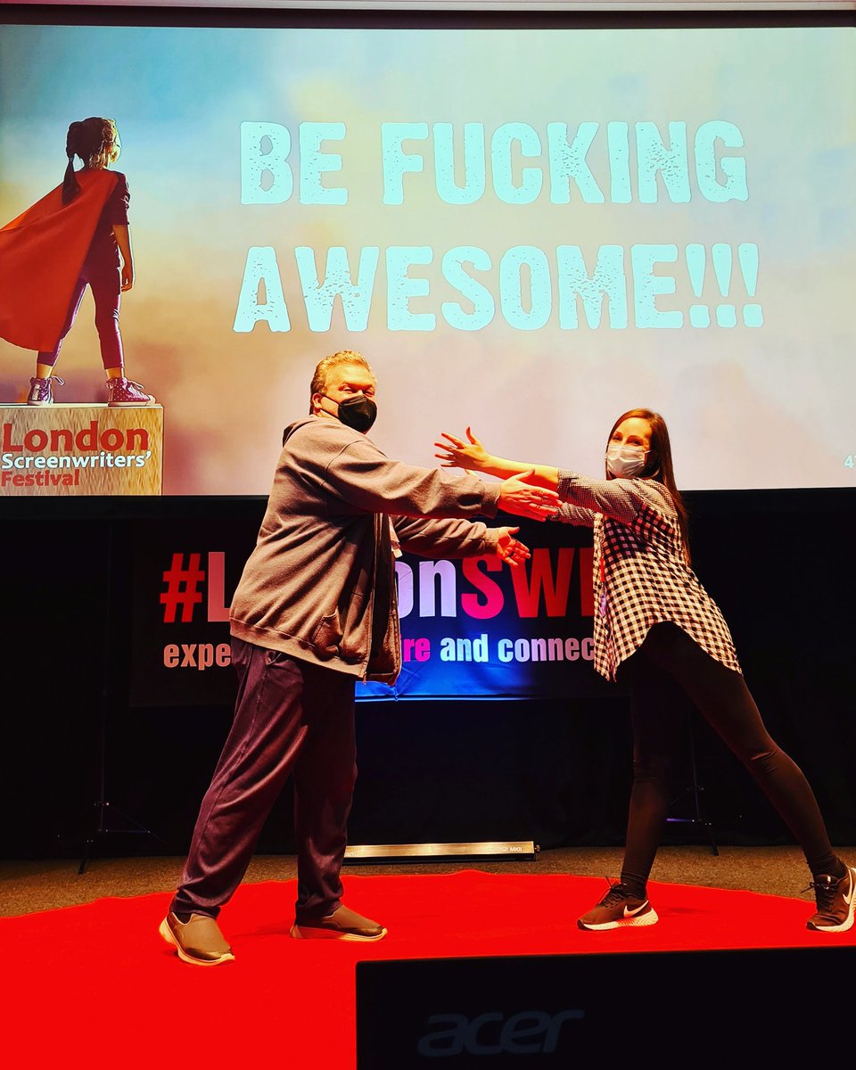 My annual <a href="/londonswf/">London Screenwriters' Festival</a> photo with <a href="/BRobertSchultz/">Bob's Your Script Uncle. (He/Him)</a> looks a little different this year but the sentiment is still the same 💕🤗 #londonswf #screenwriting #befuckingawesome x
