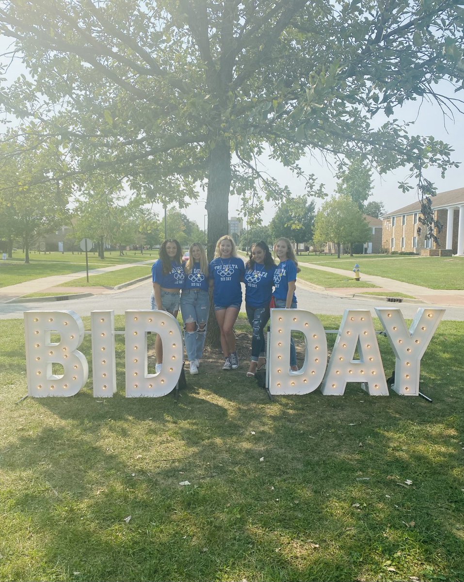 Welcome to Delta Delta Delta 🐬💙 We are so happy to introduce for the first time as part of the Tri Delta sorority (left to right): Alexia, Nicole, Emma, Franny, &amp; Liberty 🤩🤩  WELCOME HOME!!