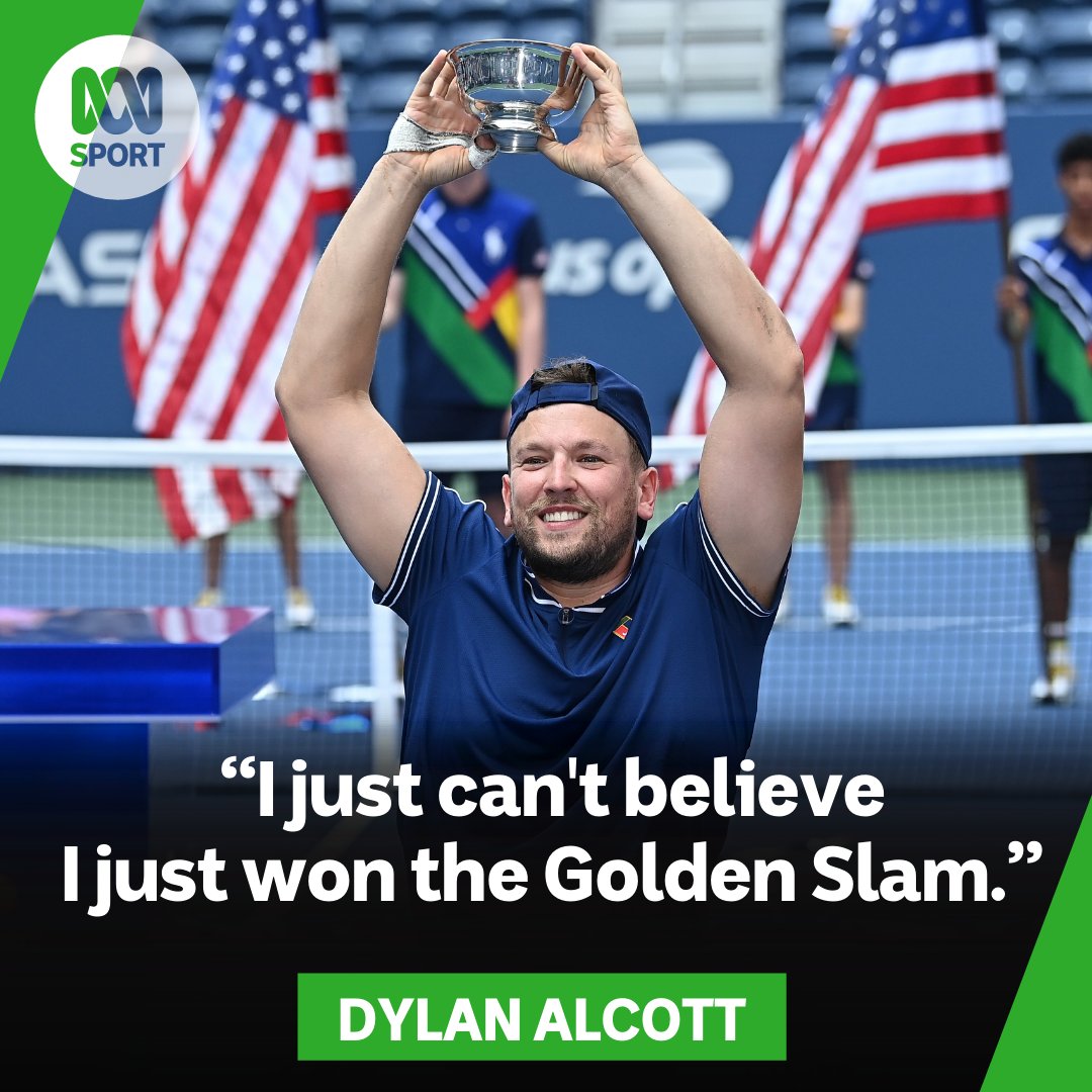 abcsport's tweet photo. UNPRECEDENTED! An incredible feat @DylanAlcott. 🏆🏆🏆🥇🏆

"I used to hate myself so much. I hated my disability. I didn't even want be here anymore and I found tennis. It changed and saved my life," he said in his on-court winning speech. 💚💛

🇦🇺https://t.co/k40pM6x6js #USOpen https://t.co/sFu3W6WTSj