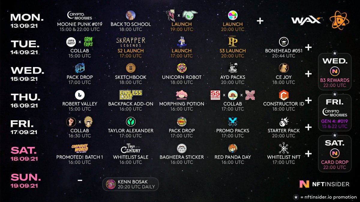 NFTInsider_io's tweet photo. It's a BIG launch week on @WAX_io / @AtomicHub! 🚀 #NFTs #NFTdrop 

📅 https://t.co/UWfqrsgaUj

@CreekDrops @GoldenCageio @GreenRabbitGame @kylelozaNSD @KennethBosak @CryptoStache @bohnart1 @nftspaceheroes @joeychips @LGNDART @ZendodoParty @YoshiDrops @gnomeseries https://t.co/L8todh3no8
