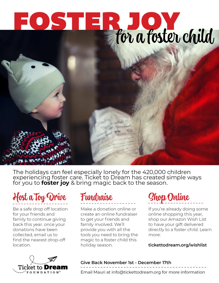 It's never too early to start thinking about giving back at the holidays! Help #fosterjoy for #fosterkids with @tickettodream this holiday season 💙

#MurrowUGLife #com210 #flier