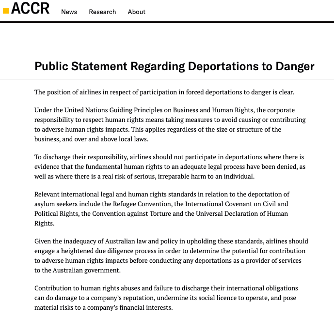 truthonborders's tweet photo. Statement from @AustCCR about the position of airlines in respect of participation in forced deportations to danger.
@DetentionAction @sdetsup @peopleandplanet
#TUIDropDeportations #StopDeportationsToDanger https://t.co/XrR8PlsBXe