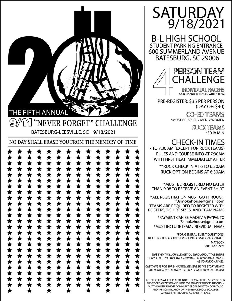Couple of days left to sign up. We are almost full!  Shirts may not be available but the challenge and memories will be. <a href="/F3LexSC/">F3 Lexington SC</a> <a href="/F3Tomahawk/">F3 Tomahawk</a> <a href="/F3Hartsville/">F3 Hartsville</a> <a href="/F3Aiken/">F3 Aiken</a> <a href="/F3LakeMurray/">F3 Lake Murray</a> <a href="/F3Nation/">F3</a> <a href="/F3LaurensCounty/">F3LaurensCounty</a> <a href="/F3NorthAugusta/">F3 North Augusta</a> <a href="/F3Greenwood/">F3 Greenwood</a> <a href="/F3_Newberry/">F3 Newberry</a> <a href="/F3Columbia/">F3 Columbia</a>