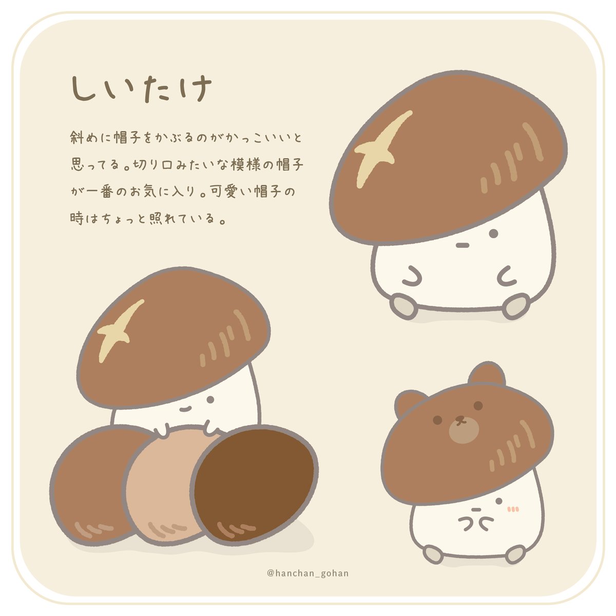 Twitter 上的 さみしがりや産はんちゃん しいたけとお友だちになろう しいたけ２日目 しいたけ の頭にあるの 実は帽子なんだって 斜めにかぶるのが好きみたい クールに見えて実は照れ屋さんなだけかも かわいい帽子の時