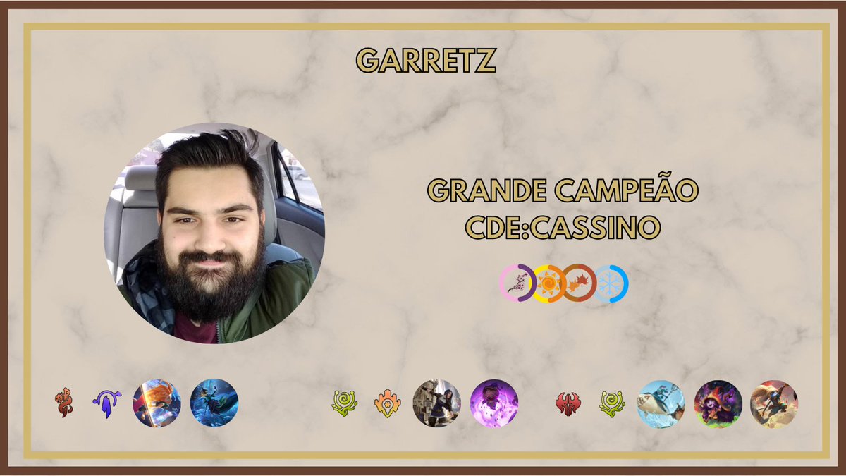 Está finalizado! Depois de duas séries incríveis contra <a href="/Trivo_Lor/">Trivo</a> nas Grandes Finais de nossa competição, com seus cogumelos avante ao Nexus Adversário, <a href="/GarretzLor/">Garretz_lor</a> se sagrou nosso PRIMEIRO CAMPEÃO do CDE:Cassino! Nossos sinceros parabéns e muito bem jogado! #cdecassino
