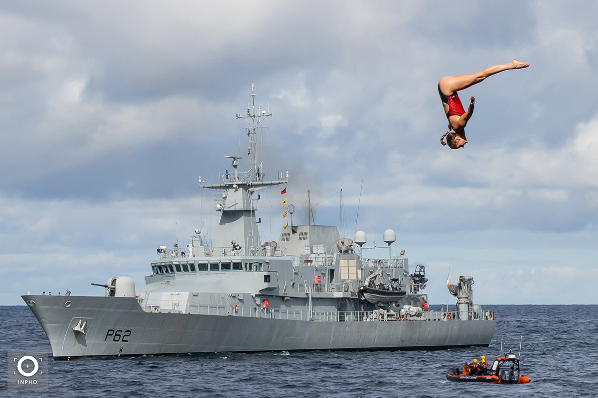 Dive right in !!! The LE James Joyce stopped by Downpatrick Head for the Red Bull Cliff Diving World Series.📸 Morgan Treacy. #capturinghistory  #RedBullCliffDiving #redbullgivesyouwings