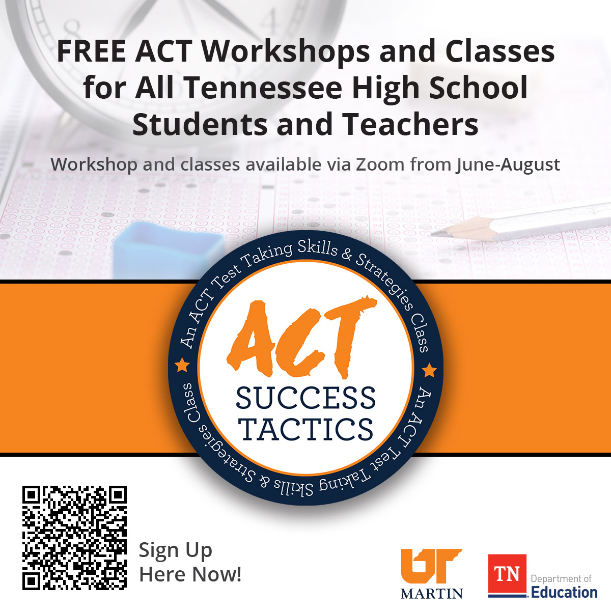 In partnership with <a href="/utmartin/">UT Martin</a>, we are providing all Tennessee high school students and teachers with access to free, virtual workshops, office hours, and classes on how to succeed on the ACT. Learn more here: tn.gov/education/news…