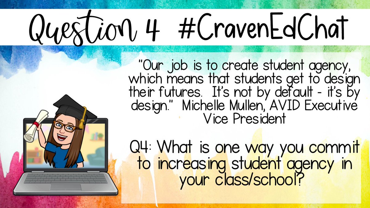 Kim_Scott_15's tweet photo. Here comes the last question of the night! 

Q4: What is one way you commit to increasing student agency in your class/school? 

#CravenEdChat #StudentAgency https://t.co/hsijaJc3c3