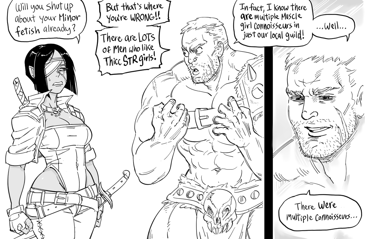 baalbuddy's tweet photo. Multiple patrons asked for something involving how muscle Orc girls etc. are superior to Elves, so consider this my combined response.
(When high test masculinity goes wrong.)

The Elf (half elf?) is pure DEX-build-chan from this old comic:
https://t.co/Ewph3Ya3hD https://t.co/1axuj0evz3