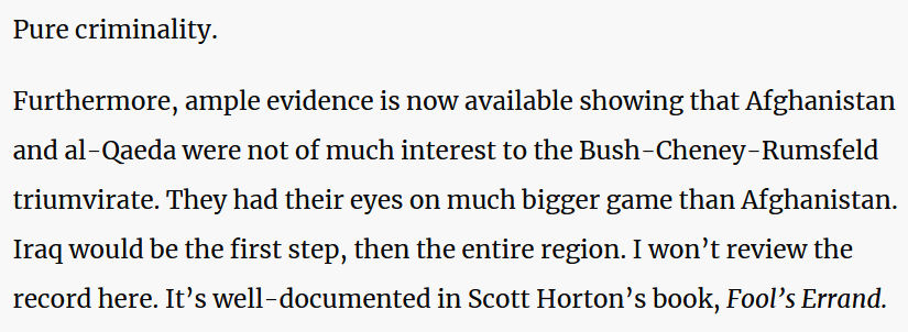 "They had their eyes on much bigger game than Afghanistan. Iraq would be the first step, then the entire region. I won’t review the record here. It’s well-documented in Scott Horton’s book, Fool’s Errand." -Noam Chomsky truthout.org/articles/noam-…
