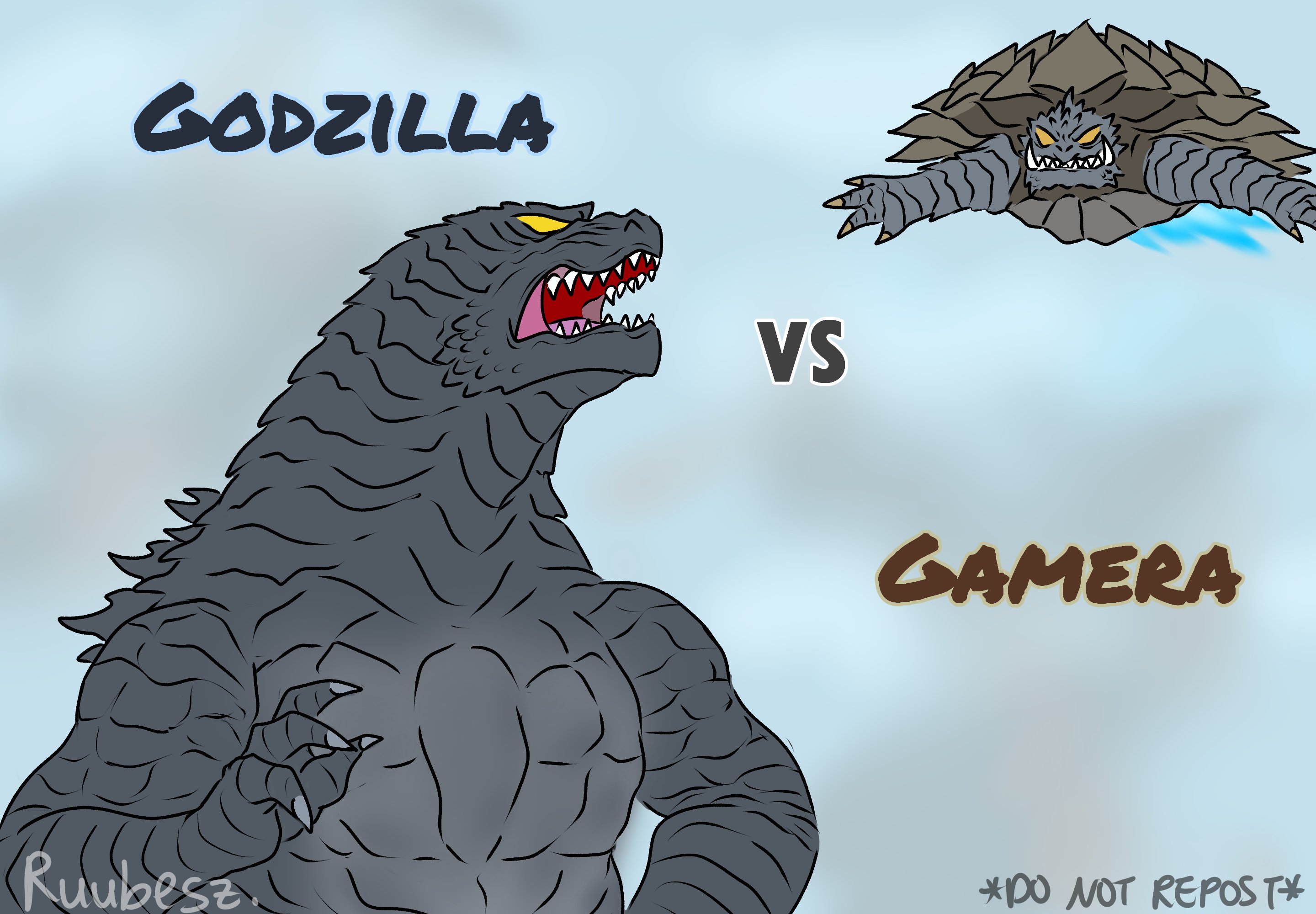 Ruubesz draw on X: "Godzilla vs Gamera! I saw an amazing video made by  @delta_area, and I could not help but draw a comic about it! Their kaiju  designs are beautiful! (1/2) #