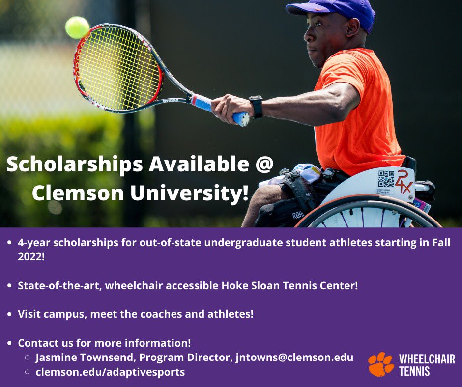 Clemson Adaptive Sports and Recreation (@cuadaptivesport) on Twitter photo Dreaming of being a collegiate athlete? Check out <a href="/ClemsonUniv/">Clemson University</a> newest varsity sport…wheelchair tennis! Scholarships available! Go Tigers! 🐅🎾 Dreaming of being a collegiate athlete? Check out <a href="/ClemsonUniv/">Clemson University</a> newest varsity sport…wheelchair tennis! Scholarships available! Go Tigers! 🐅🎾