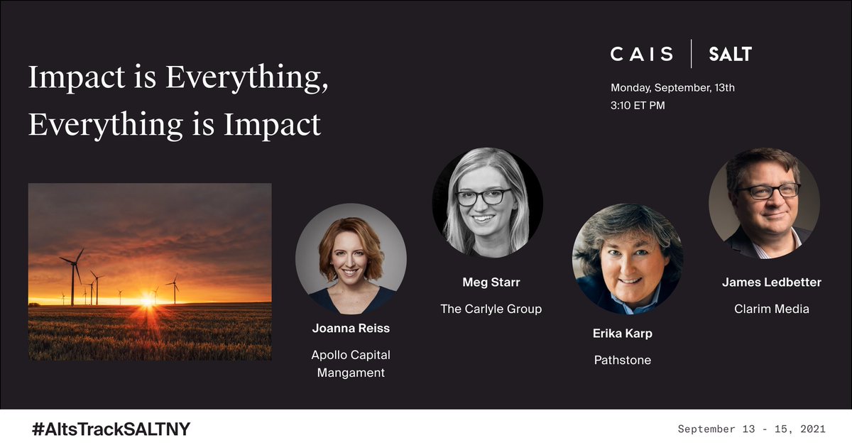 CAISgroup's tweet photo. Speaker Announcement: Join us at #SALTNY as we welcome panelists Joanna Reiss (@apolloglobal), Meg Starr (@OneCarlyle), @YourErikaKarp (@Pathstone), and moderator @jledbetter (Clarim Media) for a discussion on impact investing and beyond.
@SALTConference
#altstrackSALTNY https://t.co/XaTeB52b1z