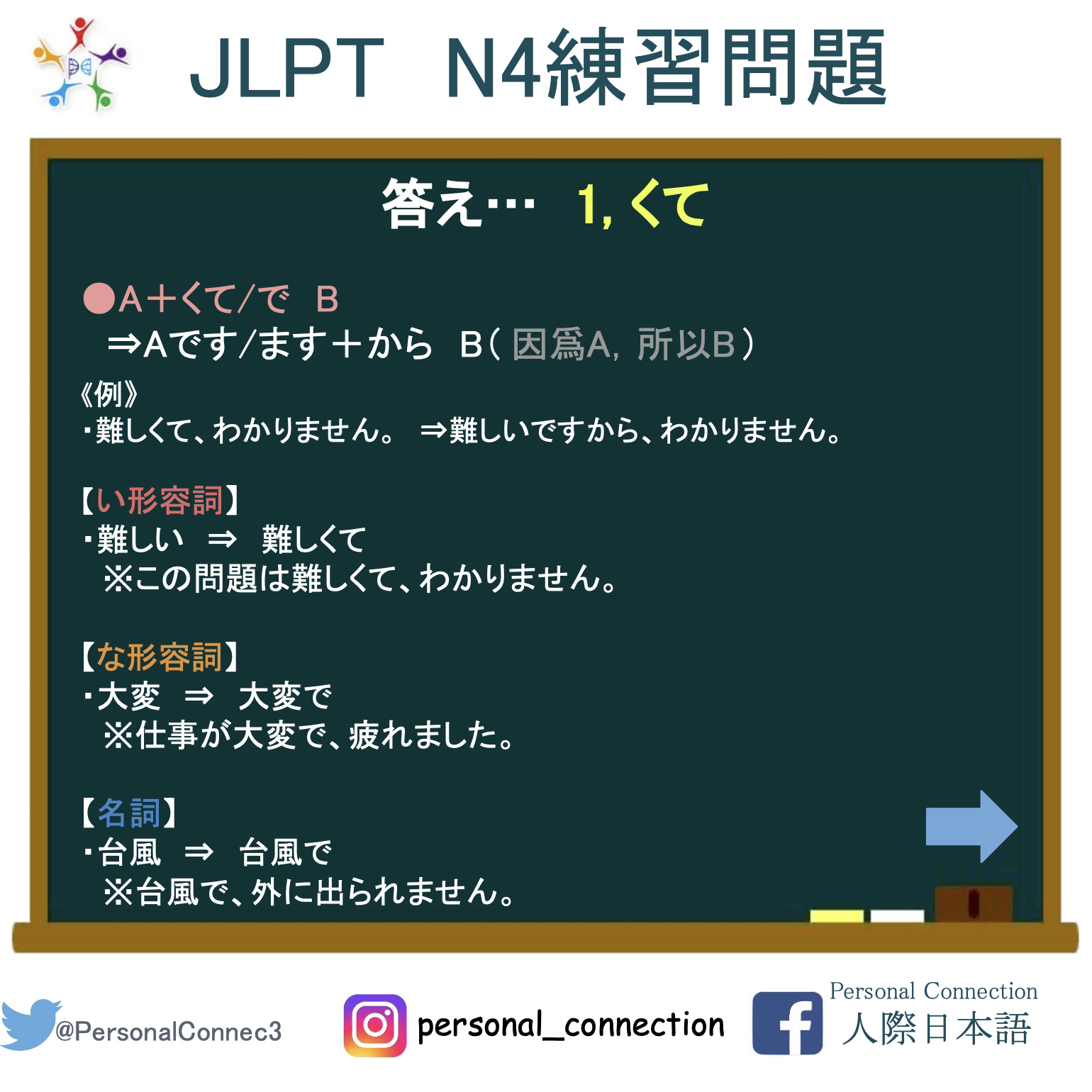 Personal Connection 人際日本語 こんばんは 今日はn４の文法問題をやってみましょう 今天是n4的 練習題目 看起來很簡單 其實很多同學選錯答案 已經學過n4的同學也可以來復習喲 整理重點 就這麽整齊 希望幫助大家的記憶 如果好奇更仔細