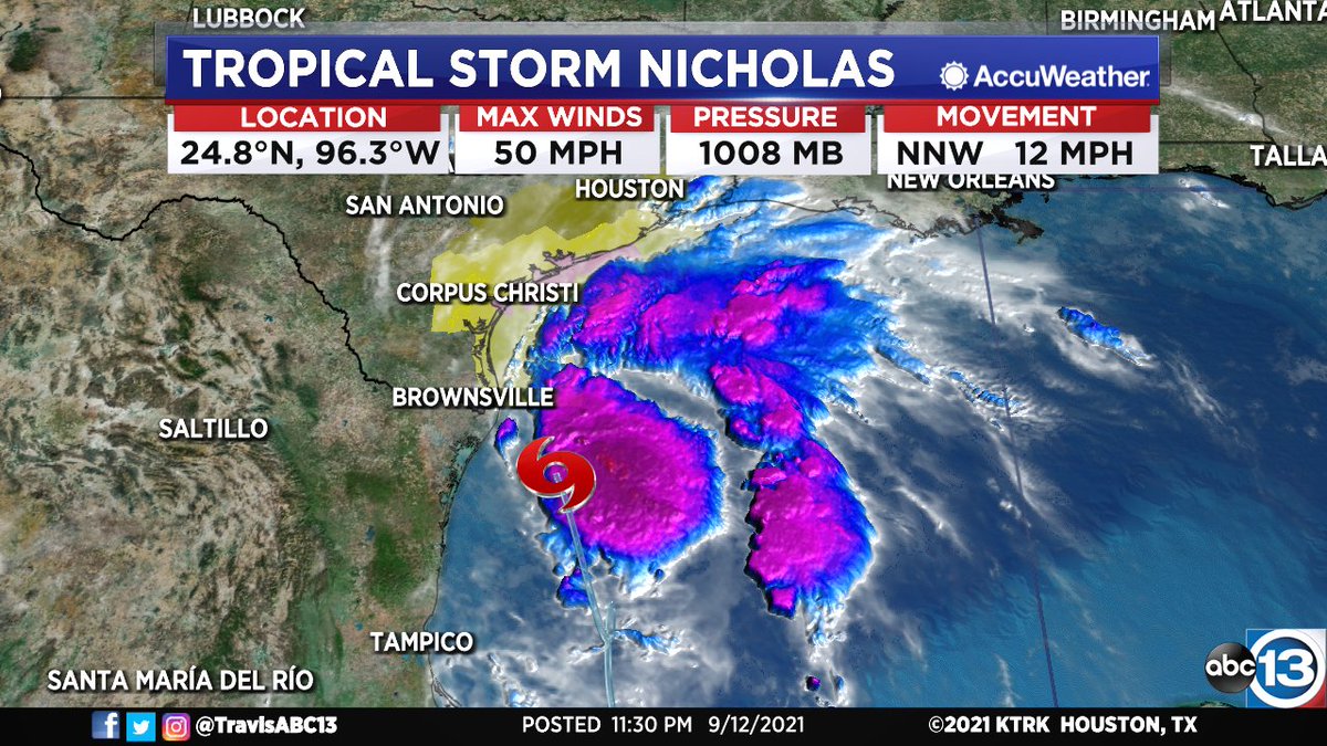TravisABC13's tweet photo. Breaking now: #Nicholas's center has reformed nearly 150 miles north-northwest of the previous center. This has shifted the track back west and sped up the landfall timeline to as early as Monday evening. #txwx #houwx

https://t.co/ePxLa9kJXV https://t.co/HCQS2wJLEm