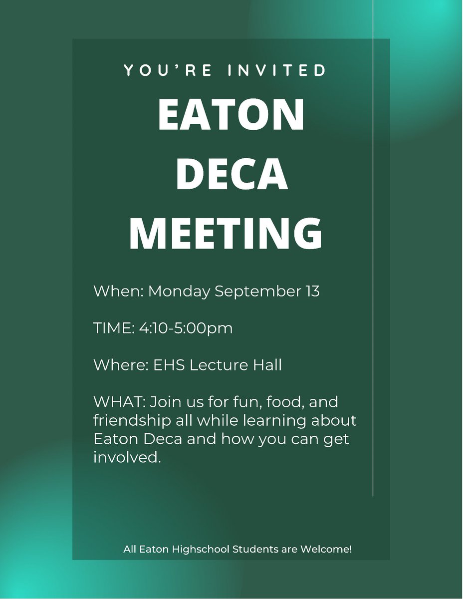 DECA meeting is tomorrow September 13th at 4:10 in the lecture hall. Everyone is welcome so bring a friend :) #deca #eatondeca #texasdeca