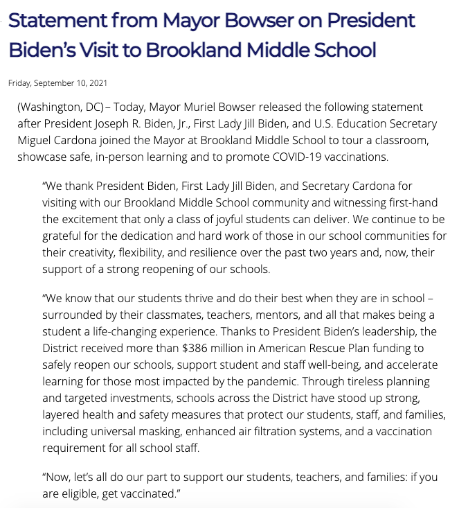 DCPSCovidCases's tweet photo. You'll remember @POTUS and company were at Brookland Middle on 9/10, touting the safety of in-person learning. Yup, things are safe. #reopenwrong https://t.co/2V3qH8cdtW