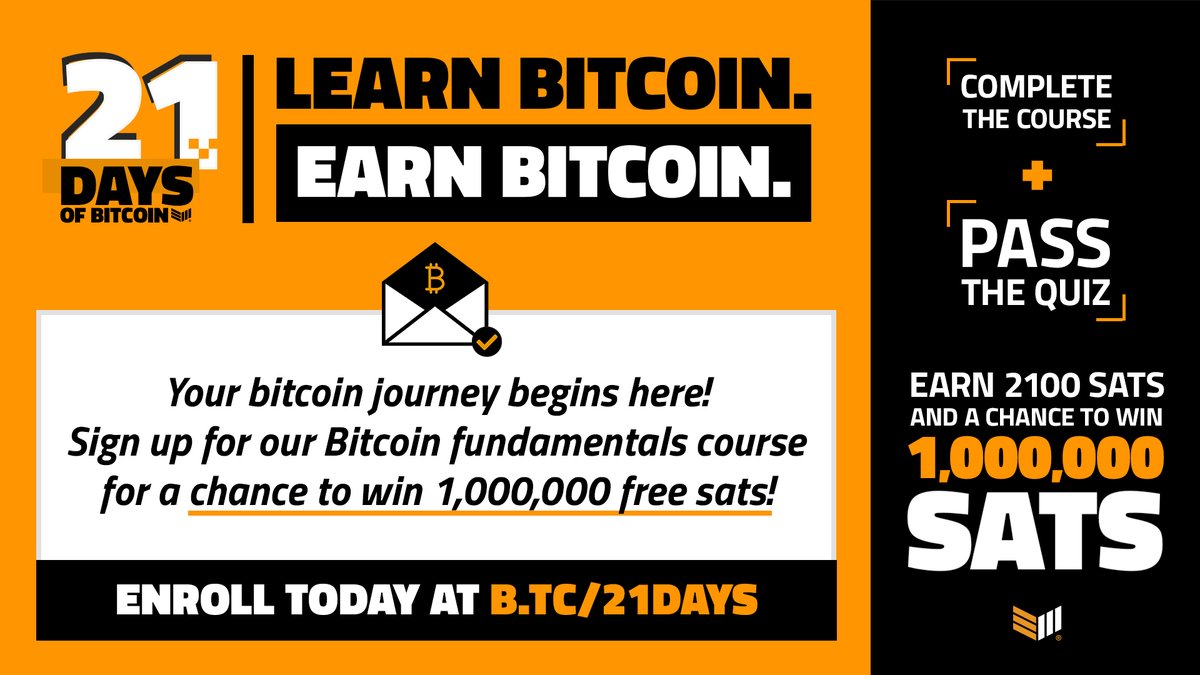 BitcoinMagazine's tweet image. Sign up for our free 21-day course to learn the fundamentals of #Bitcoin

Complete the course &amp;amp; quiz to earn ⚡️2,100 sats and a chance to win up to ⚡️1,000,000 more

Enroll 👉 b.tc/21days
