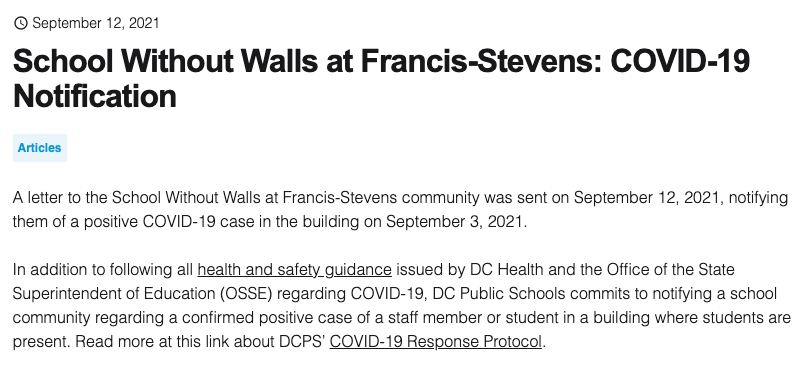 DCPSCovidCases's tweet photo. School Without Walls at Francis-Stevens, posted and dated 9/12, for an individual present on 9/3. @LewisDFerebee your delays from case to notification are unacceptable. #DCPSCovidCases https://t.co/iQ4XGzo0hj https://t.co/qawyu27rxH
