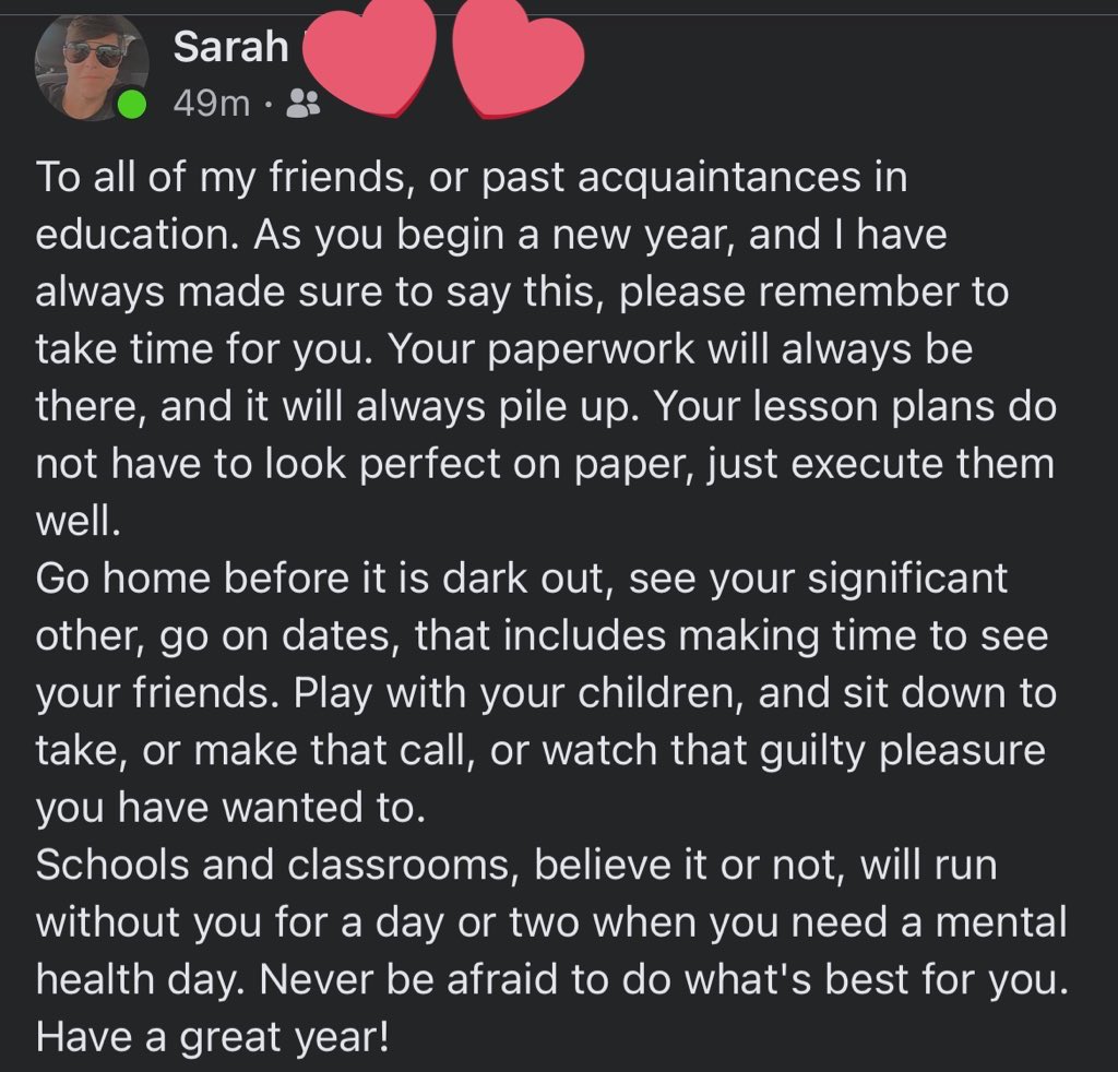 KristinBasnett's tweet photo. @CajunMSTeacher My sister is a former Principal and sends a message out like this to her friends and former colleagues who are still teachers, at the beginning of each school year. You need and are entitled to that time-aww from school work, when you are home ☺️ https://t.co/9CT9FdqW2I