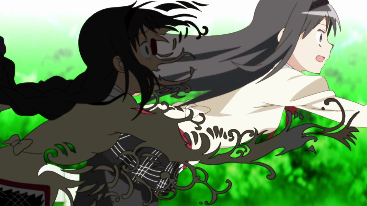 Homura reaching through a disintegrating shadow of herself