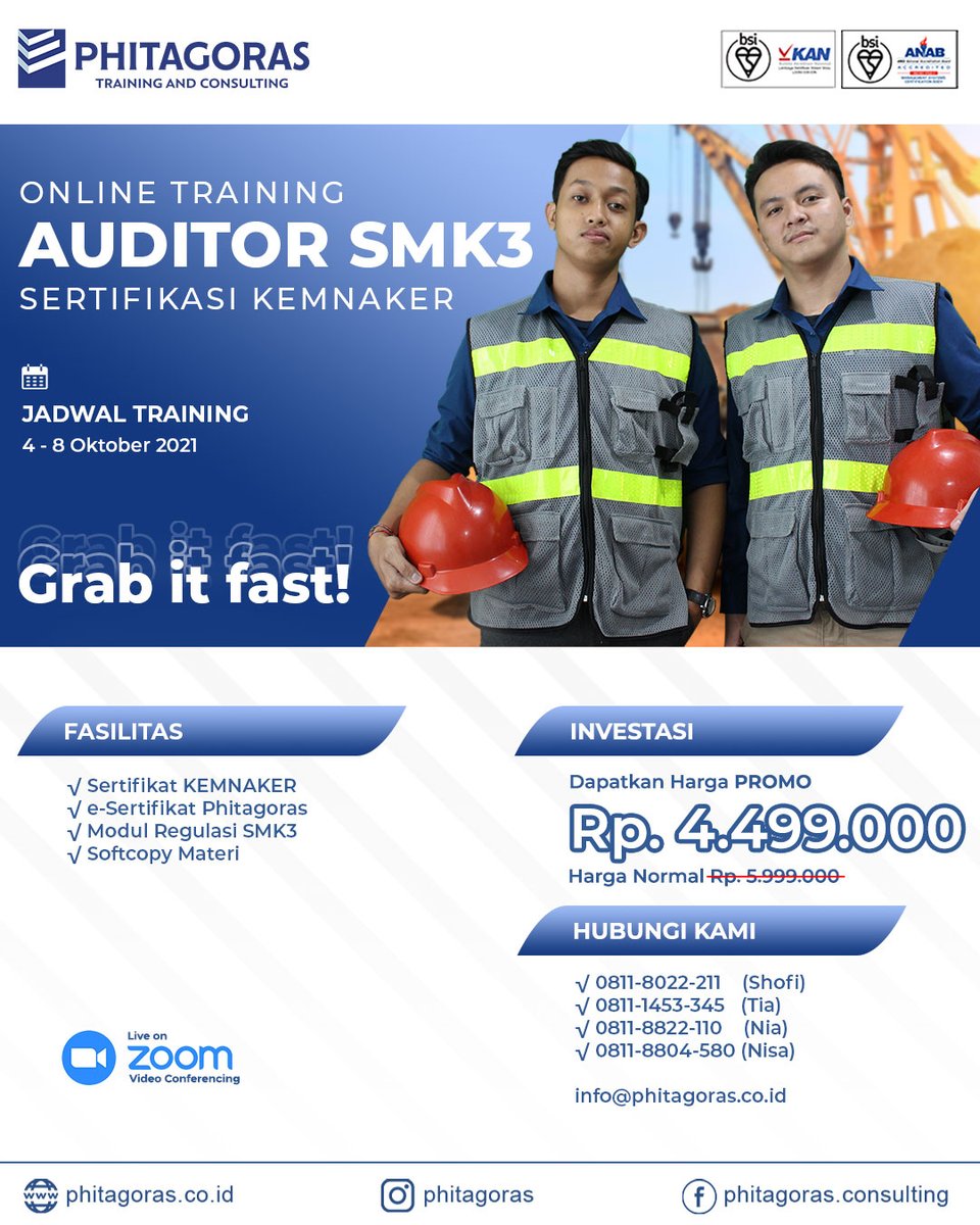 phitagoras's tweet photo. Persiapkan diri Sobat untuk menjadi tenaga teknis yang berkeahlian khusus untuk melaksanakan audit SMK3 dan menerapkan SMK3 dengan baik di perusahaanmu. ⁣⁣

#k3 #auditorsmk3 #smk3 #Auditor #infok3 #infok3indonesia #phitagorastraining #phitagorasacademy #halamadrid https://t.co/gHfSjCtWsu