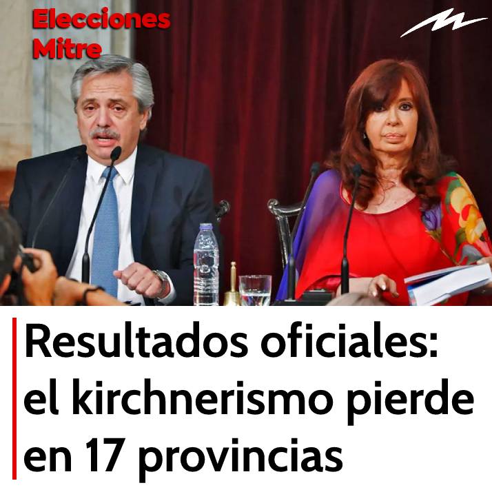 radiomitre's tweet photo. Con los resultados hasta ahora, el kirchnerismo perdió en: CABA, Chaco, Corrientes, Córdoba, Entre Ríos, Jujuy, La Pampa, Mendoza, Misiones, Neuquén, Salta, Santa Fe, Buenos Aires. Perdió también en las cuatro provincias patagónicas, incluida Santa Cruz. https://t.co/wFtJVEfTMq