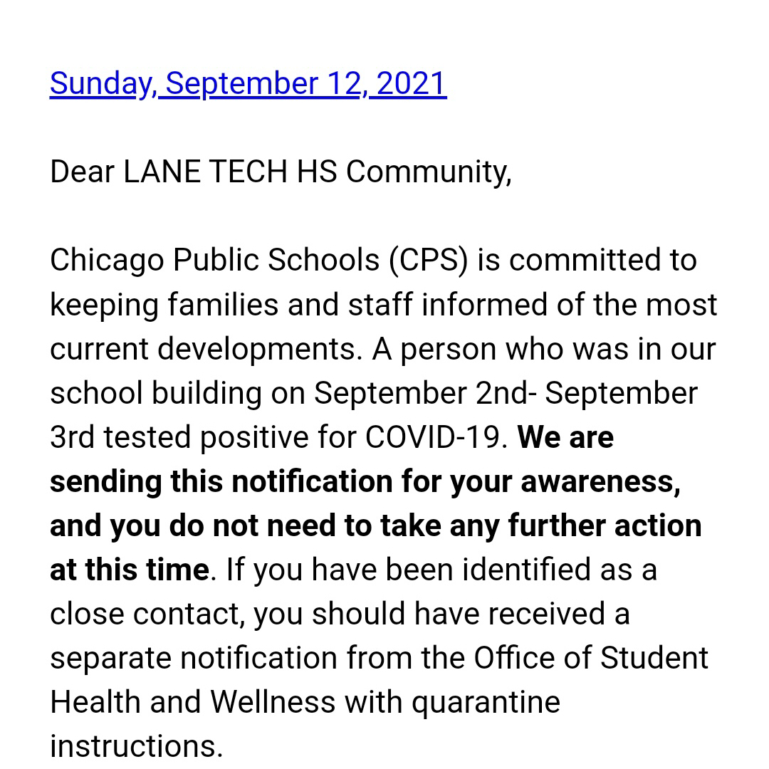 CTULocal1's tweet photo. CPS notified members of the Lane Tech community this evening about a positive case at the school from Sept. 2-3. Families are concerned about these notices being sent too late. https://t.co/7rbT77VYvc