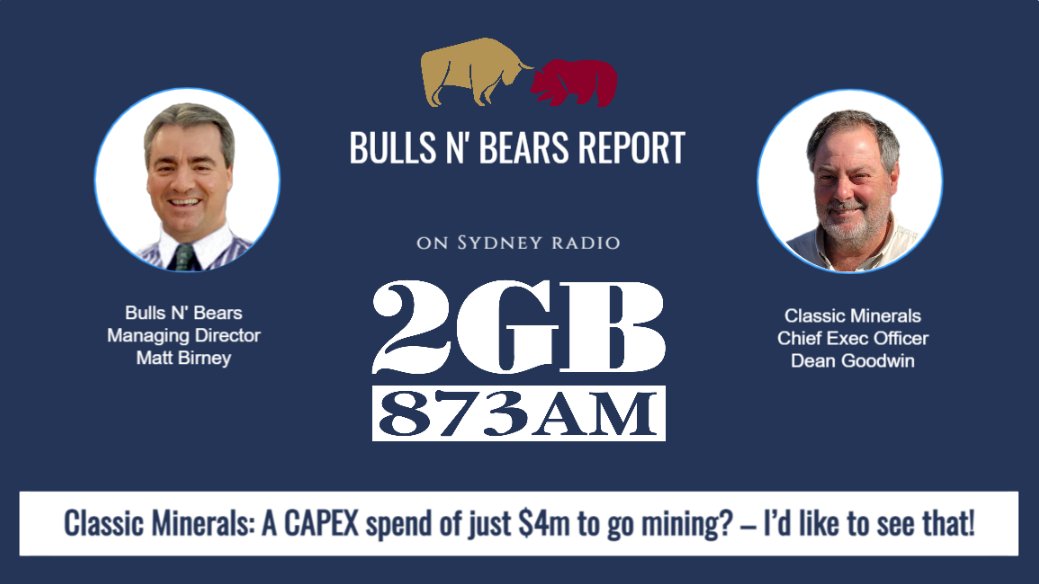 Bulls N' Bears (@bullsnbearswa) on Twitter photo Tune in to <a href="/2GB873/">2GB Sydney</a> from 11:30am AWST (1:30pm AEST) to hear <a href="/Classic_CLZ/">Classic_Minerals</a> CEO Dean Goodwin talk about Classic’s innovative mobile “Gekko” plant used to mine its high-grade gold in WA.
2gb.com/tag/public-com… and click "LISTEN"
#CLZ $CLZ $CLZ.AX #BullsNBearsReport #ClassicMinerals Tune in to <a href="/2GB873/">2GB Sydney</a> from 11:30am AWST (1:30pm AEST) to hear <a href="/Classic_CLZ/">Classic_Minerals</a> CEO Dean Goodwin talk about Classic’s innovative mobile “Gekko” plant used to mine its high-grade gold in WA.
2gb.com/tag/public-com… and click "LISTEN"
#CLZ $CLZ $CLZ.AX #BullsNBearsReport #ClassicMinerals