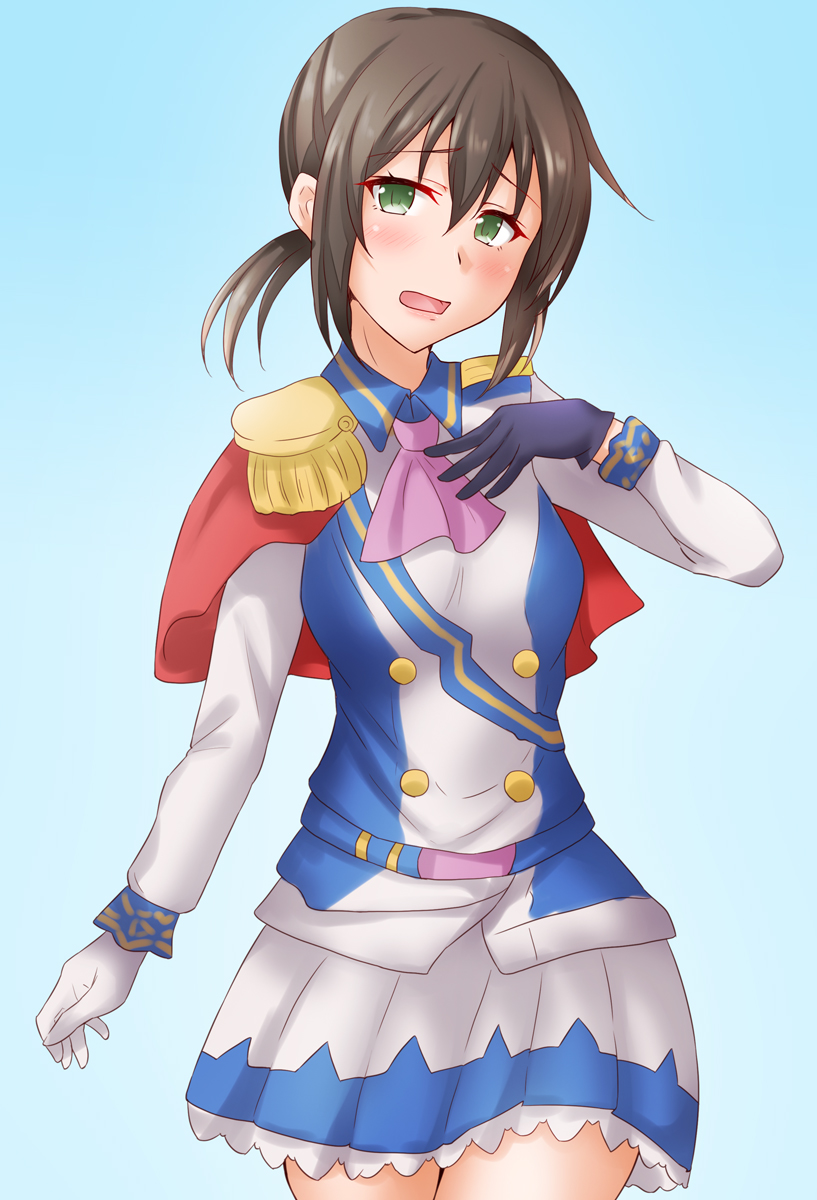 fubuki (kancolle) 1girl solo multicolored jacket gloves cosplay pink ascot blue background  illustration images