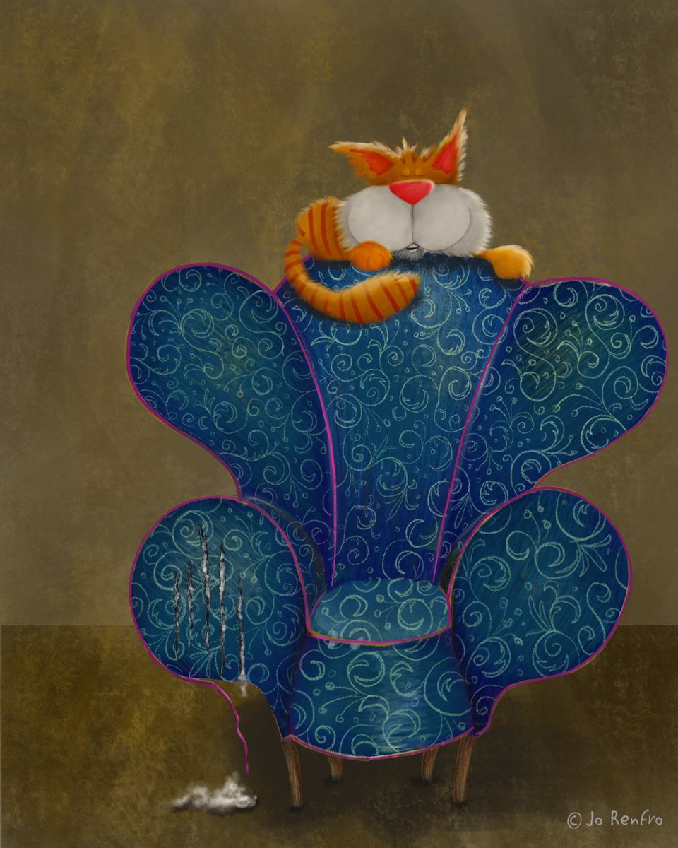 RenfroJo's tweet photo. ‘The Cat Chair’ for #coloricombo today. Indigo and Mushroom were the color prompts. This is a nice way to get me to play around with some different color combinations. #kidlitart #cats #catchair https://t.co/erZ6Wdw4Do