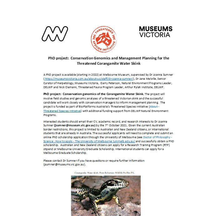 We are looking for a PhD student to work on conservation genomics and management planning for the threatened Corangamite Water Skink. Project includes fieldwork and genomics! Based <a href="/museumsvictoria/">Museums Victoria</a> and part of the Threatened Species Initiative <a href="/ThreatenedSpGen/">Threatened Species Initiative</a> <a href="/MVLizards/">Jane Melville AM</a>